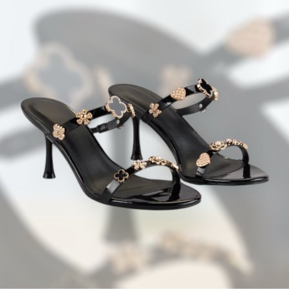 Black and Gold Clover Charm Heels Women’s Shoes